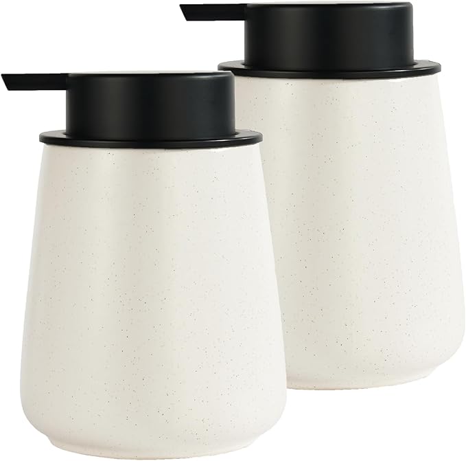 12Oz Beige Soap Dispenser Set - Ceramic Speckled Lotion Hand Soap Dispenser Set with Easy-to-Press Black Pump, Refillable Mordern Liquid Dish Soap Dispensers for Bathroom & Kitchen, 2 Pack-NeatNest