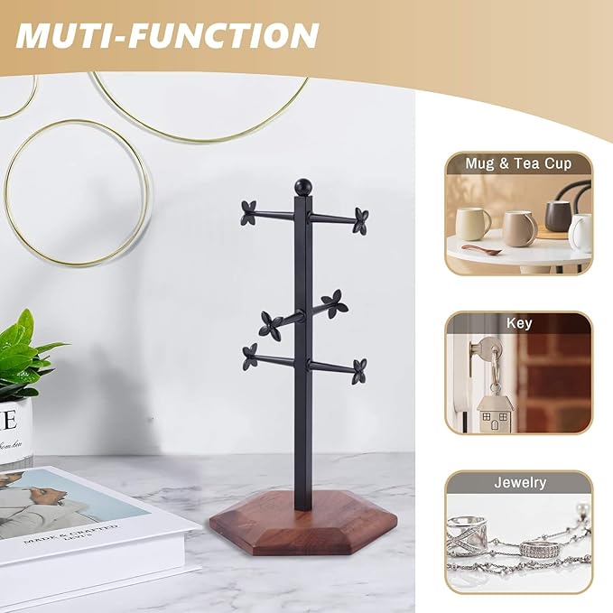 Coffee Mug Holder, Mug Tree for Counter, Cup Holder with 6 Floral Hooks, Wooden Mug Rack, Mug Stand for Counter, Coffee Bar Station Organizer, Black-NeatNest