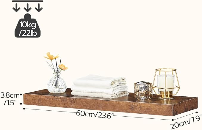 HOOBRO Floating Shelves for Wall, Wall Mounted Shelf Set of 2, 23.6" Hanging Shelf with Invisible Brackets, for Wall in Bathroom, Bedroom, Toilet, Kitchen, Living Room, Office, Rustic Brown BF60BJ01-NeatNest