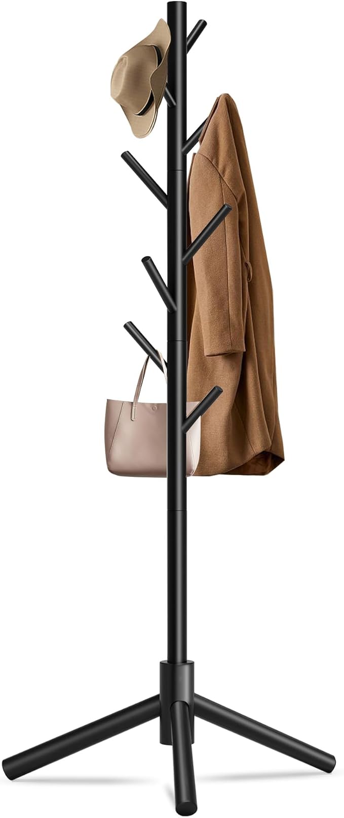 Durable Wooden Coat Rack, Freestanding Coat Rack with Stable Triangular Base, 8 Hooks & 3 Adjustable Heights, Simple Assembly for Bedroom, Hallway, Office(New Black)-NeatNest