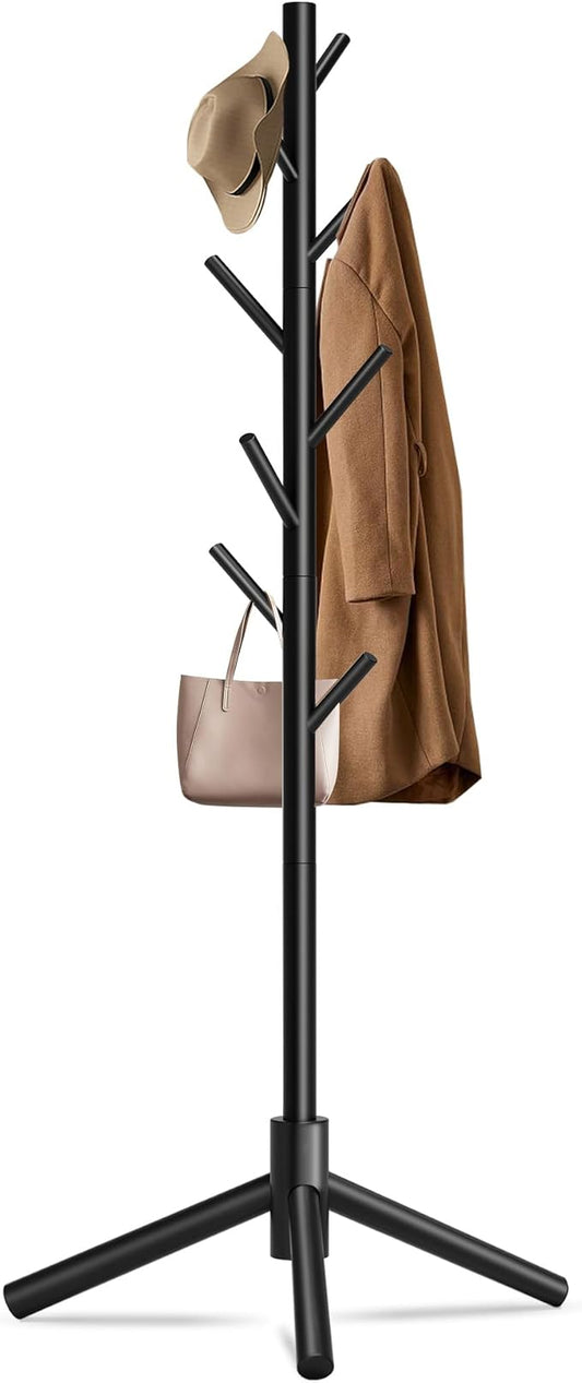 Durable Wooden Coat Rack, Freestanding Coat Rack with Stable Triangular Base, 8 Hooks & 3 Adjustable Heights, Simple Assembly for Bedroom, Hallway, Office(New Black)-NeatNest