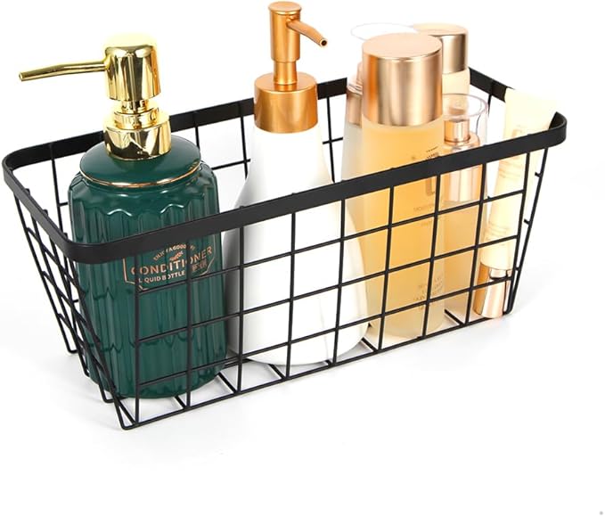 2 Pack Hanging Wall Basket Organizer Over the Cabinet Door Wire Baskets for Organizing -Space-Saving Hanging Baskets for Organizing Wall Mount Storage,No Drilling Adhesive Wall Storage Basket, Black-NeatNest