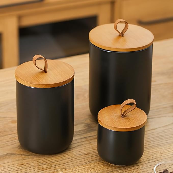 Ceramic Storage Jars, Modern Elegant Highly Polished Airtight Gorgeous Storage Canisters with Wooden Lid Small Food Stroage Jar for Kitchen Spice Tea Vanilla Sugar Coffee Beans (Black medium)-NeatNest