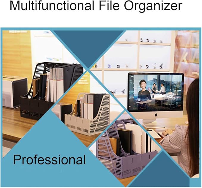 Lemical File Holder Desktop Filing File Box 4 Compartments Vertical File Organizer Magazine Rack Book Holder Frames Binder Holder for Home Office School (Black)