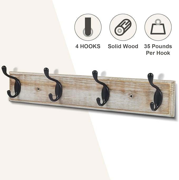 Coat Rack Wall Mounted, Entryway Wall Coat Rack with 4 Rustic Coat Hooks, 17” Vintage Pinewood Hanger Hat, Dual Hook for Hanging Keys Hats, Perfect for Entryway, Bathroom, Living Room