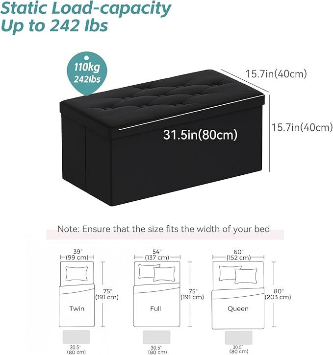 BRIAN & DANY Folding Storage Ottoman Bench, Ottoman with Storage, Foot Rest, Benches Seat for Bedroom, Living Room, Entryway, Long Shoes Bench, 15.7" x 31.5" x 15.7" Black-NeatNest