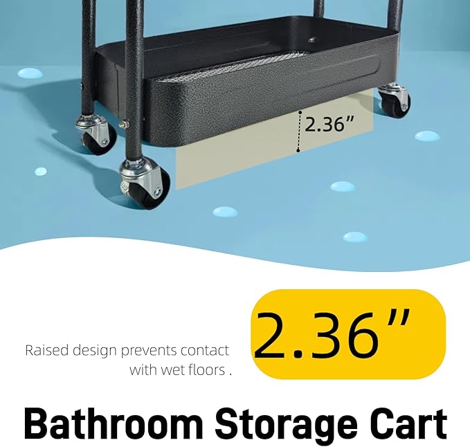 3 Tier Slim Metal Rolling Storage Cart for Laundry Room Storage & Kitchen Organizer, 7.1'' Wide Thin Shelf for Narrow Spaces, Rolling Cart with Wheels & Lockable Casters for Bathroom, Black
