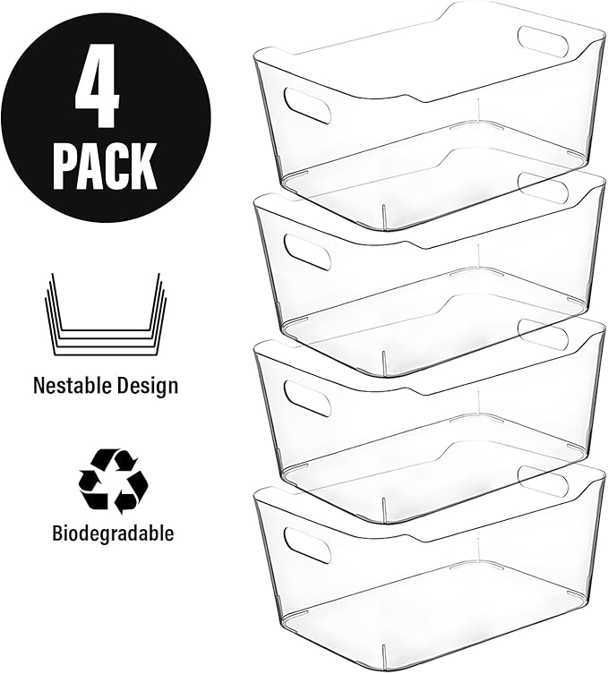 Clear Plastic Storage Bins for Kitchen Organization or Pantry Organizers and Storage, Freezer Fridge Organizer Storage Containers Bin for Organizing Refrigerator Medicine Closet Cabinet Organizers-NeatNest