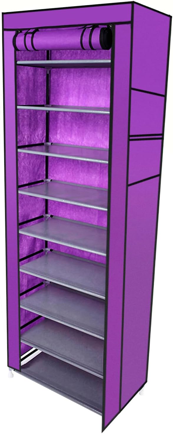 10 Tiers Shoe Rack with Dustproof Cover 27 Pair Shoe Tower Stand Sturdy Shelf Storage Organizer Cabinet Perfect for Bedroom, Closet, Entryway, Dorm Room (Purple)-NeatNest