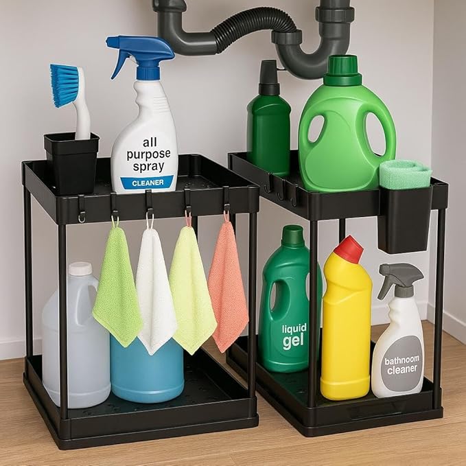 Homeward Heaven 2 Pack Under Sink Organizers, Adjustable Pull-Out Organizer, Kitchen Cabinet Organizers for Easy Access, Multi-Functional Cabinet Organizer-NeatNest