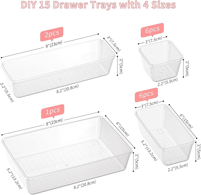 15 PCS Clear Plastic Drawer Organizer Set, 4 Sizes Versatile Bathroom Drawer Organization and Storage Trays, Non-Slip Desk Vanity Storage Bins for Makeup Jewelry Kitchen Utensil Gadget Office-NeatNest