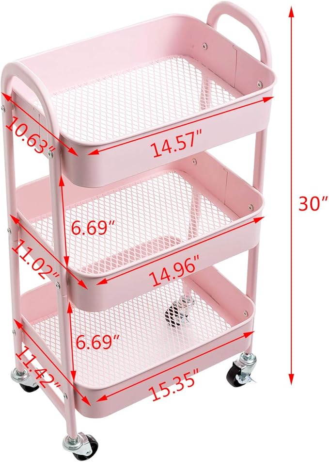 AGTEK Makeup Cart, Movable Rolling Organizer Cart, 3 Tier Metal Utility Cart Pink-NeatNest