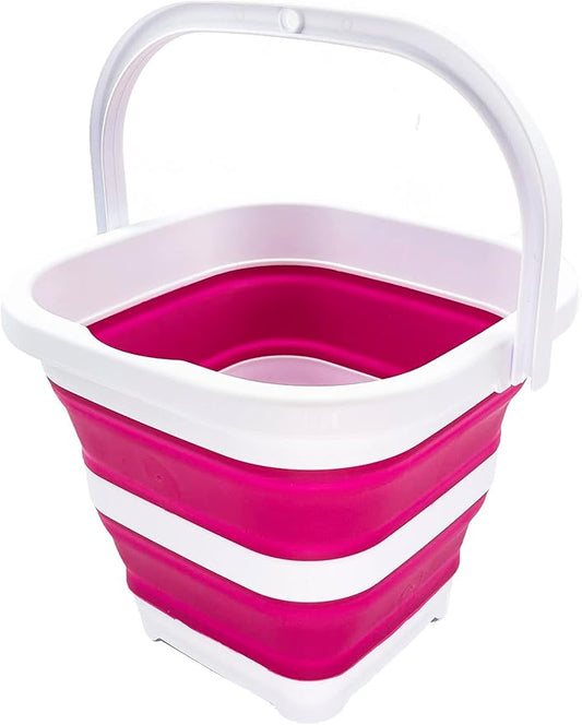 SAMMART Collapsible Rectangular Cleaning Bucket 5L (1.3 Gallon)- Foldable Camping Beach Sand Water Pot Pail- Portable Space Saving Tub for Household, Outdoor Car Washing (White/Flamingo)-NeatNest