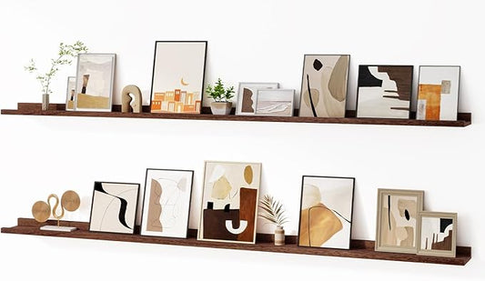 Floating Picture Ledge Shelves for Wall Set of 2, 72 Inches Picture Ledge Shelf with Long Large Nursery Book Shelf for Toys Storage Kids Bookshelf Wall Mounted Living Room Bedroom Decor Frames, Walnut-NeatNest