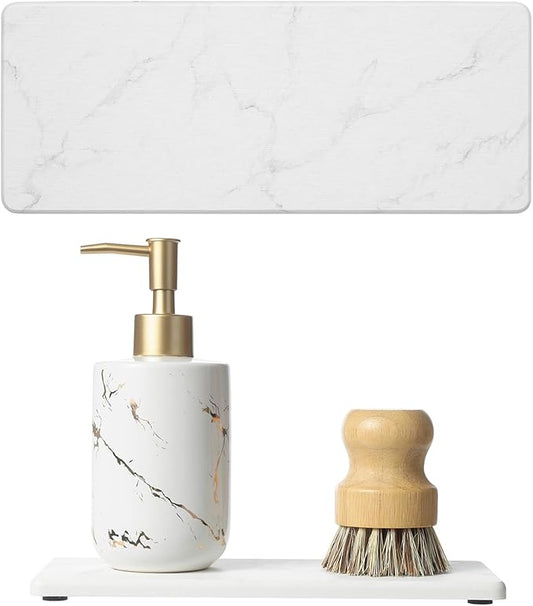 2PCS Diatomite Marble Tray Quick Drying Mat for Kitchen Counter, Water Absorbing Stone Vanity Caddy for Bathroom Sink,Faucet Splash Guard,Soap Dispenser Rack Sponge Holder Organizer, White, 9"x3.5"-NeatNest
