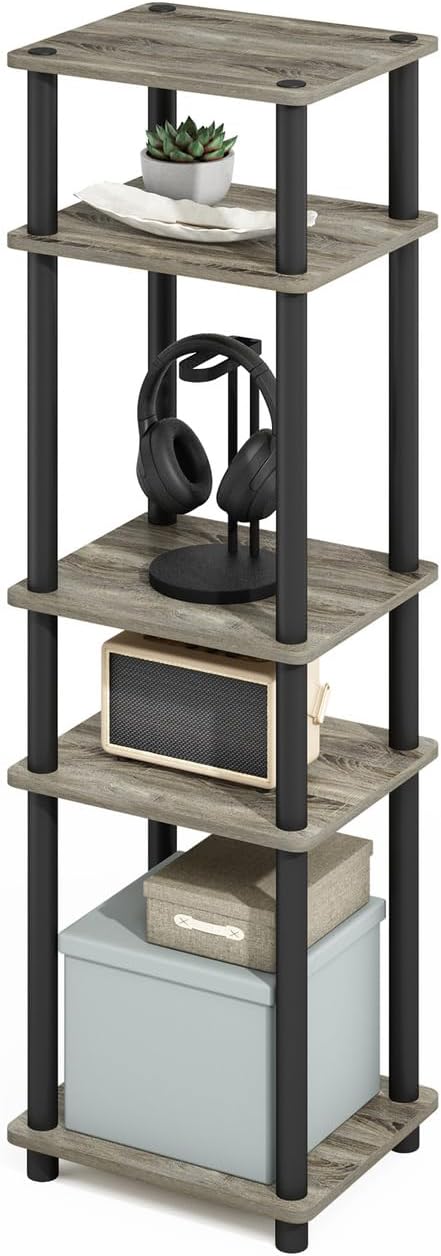 Furinno Turn-N-Tube Easy Assembly Stackable Standing Shelf, French Oak/Black-NeatNest