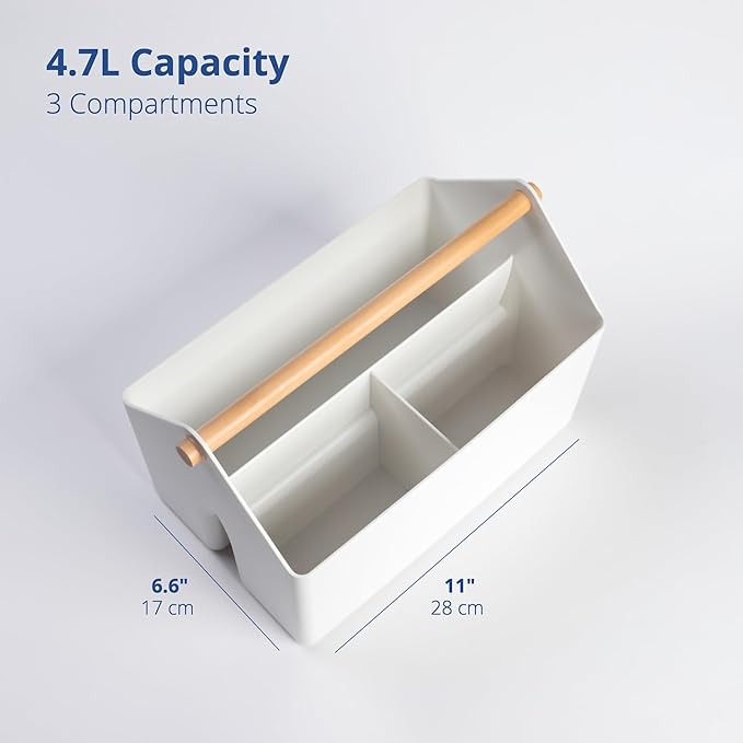 BLUE GINKGO Medium Storage Basket – Plastic Caddy with Wooden Handle for Office, Arts & Crafts, or Home Supplies (White)-NeatNest