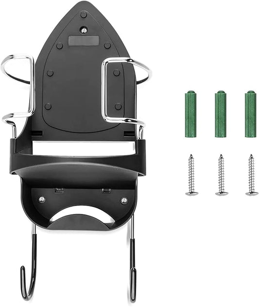 Ironing Board Hanger Wall Mount Electric Iron Holder Iron and Ironing Board Storage Organizer Shelf with Removable Hooks for Household Bathroom Laundry Room (Black)