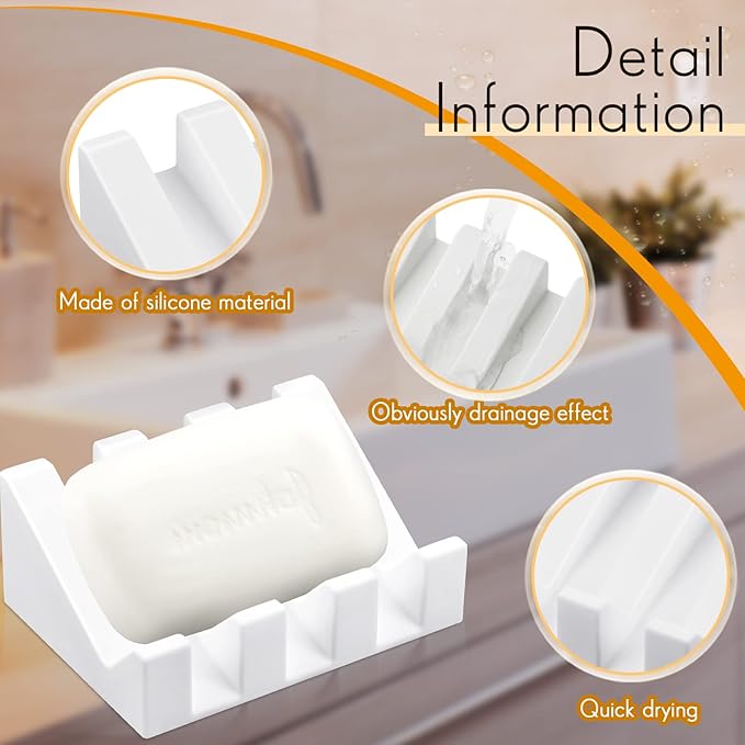 Cunhill 2 Pieces Silicone Soap Dish Self Draining Soap Dish Shower Waterfall Bar Soap Holder Tray with Drain Soap Saver for Kitchen Bathroom Accessories (Bright White)-NeatNest
