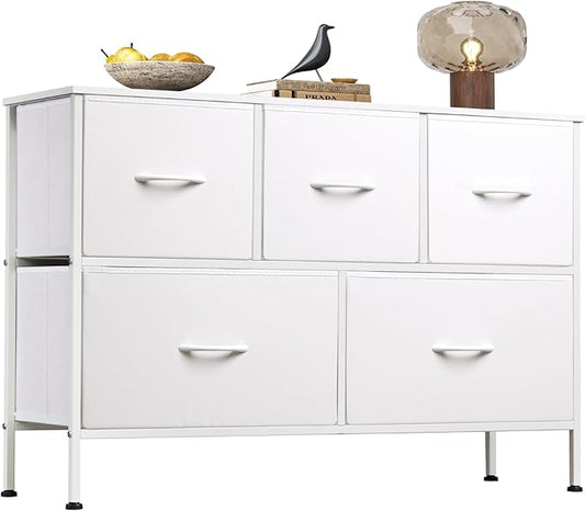 WLIVE White Dresser for Bedroom with 5 Drawers, Chest of Drawers, Fabric Small Dresser with Drawer Organizers, Storage Organizer Unit for Hallway, Entryway, Closets-NeatNest