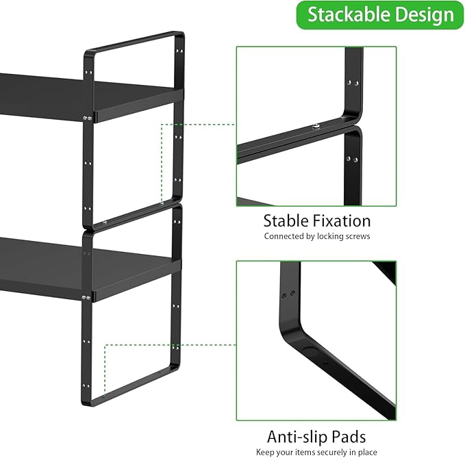 Expandable Kitchen Cabinet Shelf Organizers 2 Pack, Stackable Metal Pantry Storage Shelves Rack, Adjustable Counter Shelf for Cabinets, Countertop, Cupboard Organizers and Storage, Black-NeatNest