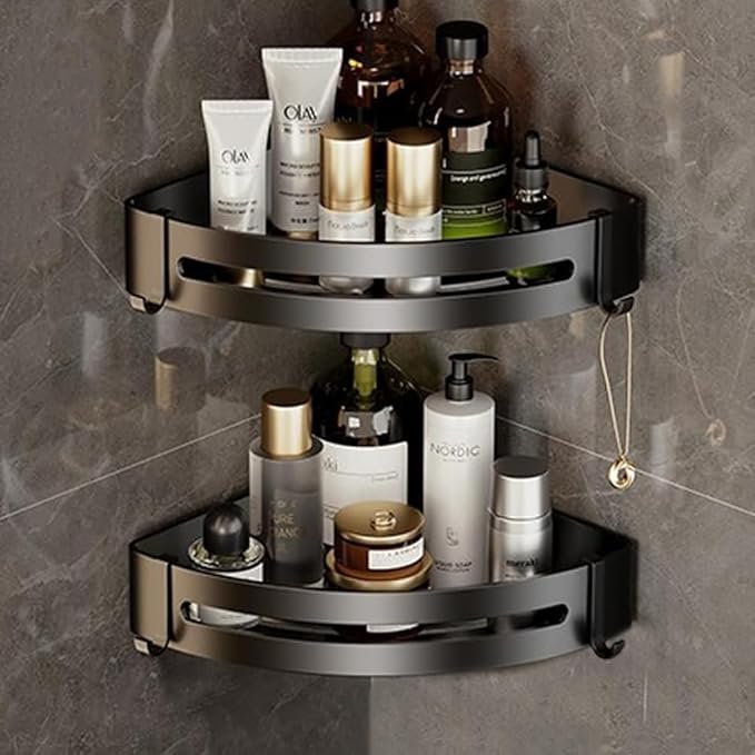 JASTT Corner Bathroom Shelf Black Wall Mounted Corner Shower Caddy Rustproof Basket Storage Bath Shelf Organizer Self Adhesive Sticker Kitchen Corner Shelves No Drill Toilet Aluminum Holder 2 Packs