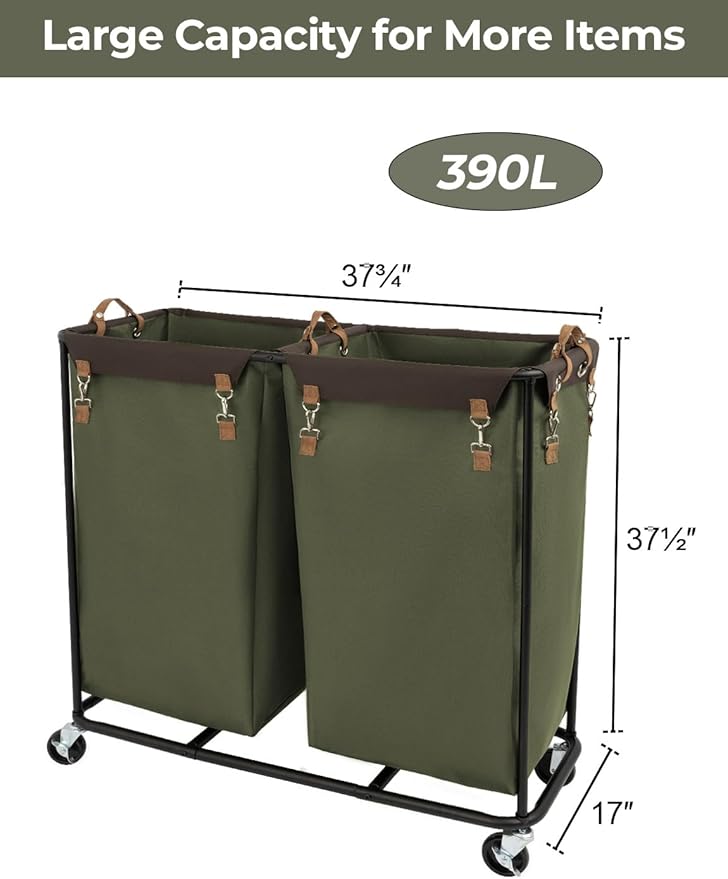 StorageWorks 390L Extra Large Lanudry Hamper with Wheels, 2 Sections Laundry Basket with Wheels, Clothes Sorter Cart with Divider for Hotel, Home, Green, 37.75"L x 17"W x 37.5"H