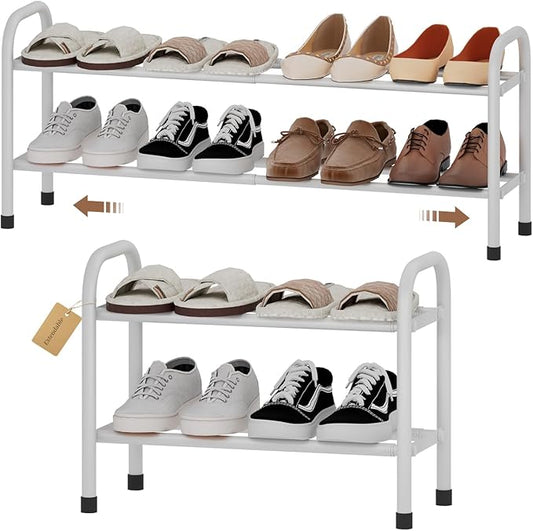 Expandable Shoe Rack, Adjustable Shoes Organizer Metal, Space-Saving Storage Shelf for Closet, Entryway, Front Door & Hallway,Sturdy and Easy Assembly (White, 2-Tier)