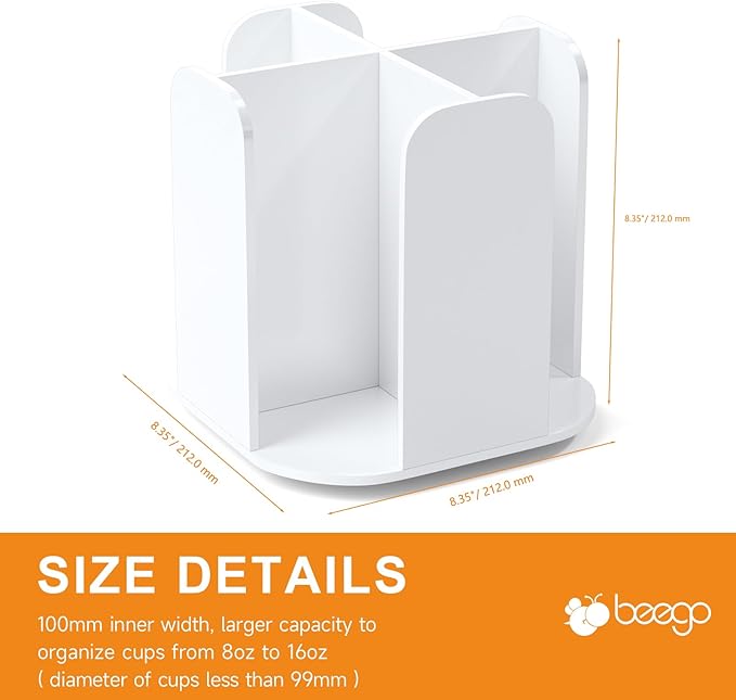 Beego Rotatable 4-Compartment White Acrylic Cup Dispenser - Coffee Station Cup and Lid Carousel Countertop Plastic Cup Holder for Restaurant Breakroom Coffee Bar-NeatNest