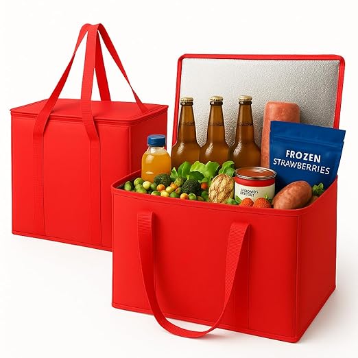 2Pk Insulated Reusable Grocery Bags, Collapsible Cooler Bag for Groceries, Heavy Duty Large Insulated Bag (Large, Bright Red)-NeatNest
