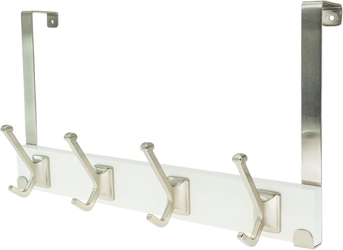creathome Dual-Purpose Wooden Hanger with 4 Robben Hooks White Color, Behind/Over The Door Towel Rack for Bathroom, Heavy Duty Wall Mounted Coat Rack, No Drilling
