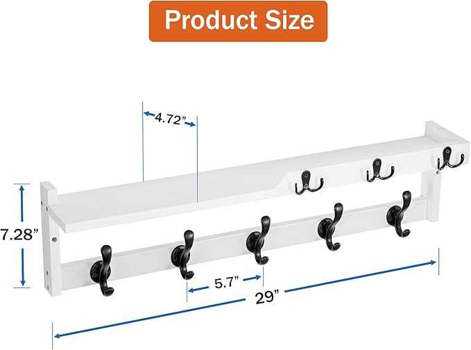 29'' Coat Rack Wall Mount with Shelf, Coat Hanger Wall Mount with Key Hooks and Mail Holder, Wood Entryway Floating Shelf with Hooks and Storage, Hat Rack for Wall Key Holder Mail Organizer