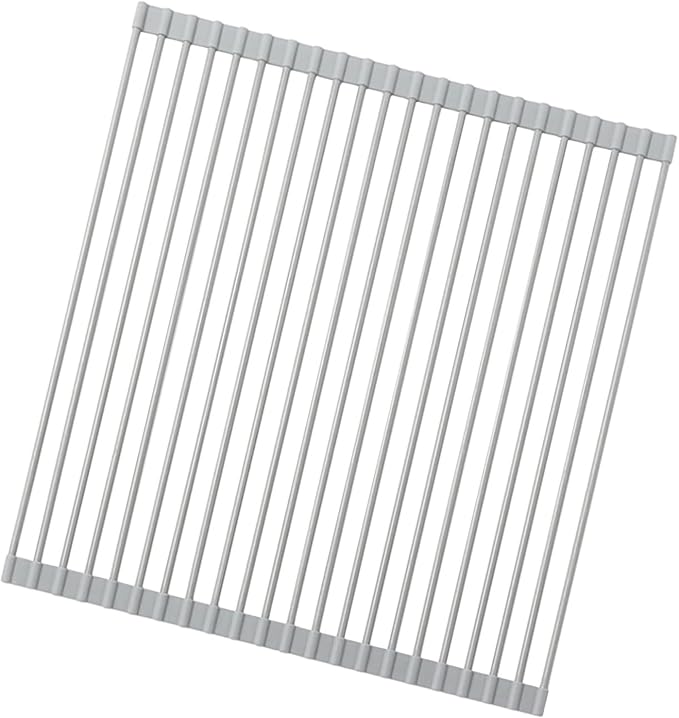 Ahyuan Large Roll up Dish Drying Rack Silicone Foldable Dish Rack Over Sink Dish Drainer Roll-up Sink Drying Rack Full Silicone Coated Stainless Still Dish Drying Rack (Warm Grey, 17.5''X15.75'')