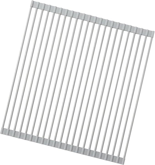 Ahyuan Large Roll up Dish Drying Rack Silicone Foldable Dish Rack Over Sink Dish Drainer Roll-up Sink Drying Rack Full Silicone Coated Stainless Still Dish Drying Rack (Warm Grey, 17.5''X15.75'')