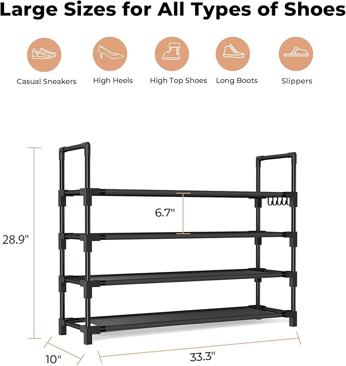 4 Tier Shoe Rack, Shoe Organizer Storage for 16-20 Pair Boot and Sneaker, Stackable Free Standing Shoe Shelf with Hooks and Side Pocket, Space Saving Shoes Rack for Closet, Entryway-NeatNest