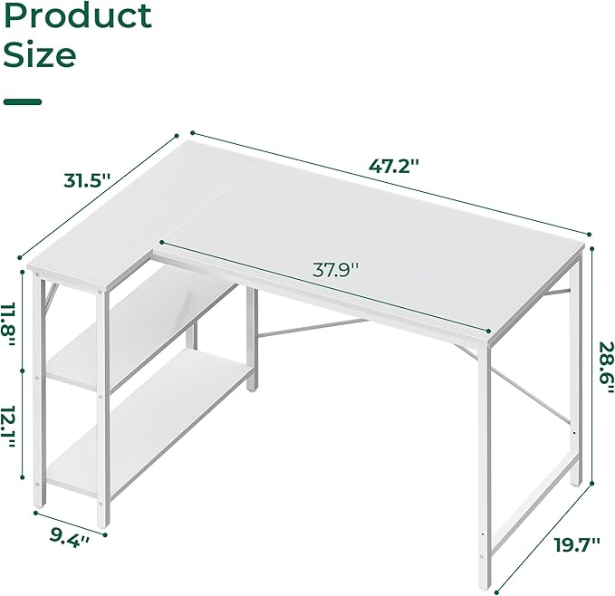 Huuger L-Shaped Desk - 47" Reversible Storage Corner Gaming Desk, Metal Frame, White-NeatNest