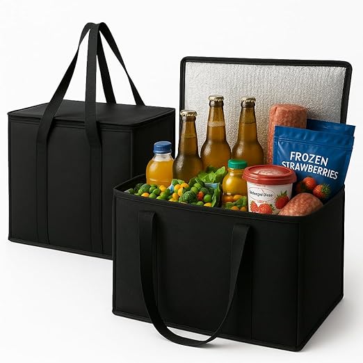 2-Pack, XL-Large Insulated Grocery Shopping Bags, Black, Reusable Bag,Thermal Zipper,Collapsible,Tote,Cooler,Food Transport hot and Cold,Camping, delivery Groceries Freezer-NeatNest