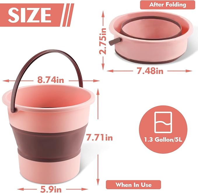Collapsible Bucket 1.3 Gallon/5L Small Plastic ousehold Cleaning Mop Buckets Foldable Water Bucket for Car Wash Fishing Camping Beach (Pink)-NeatNest
