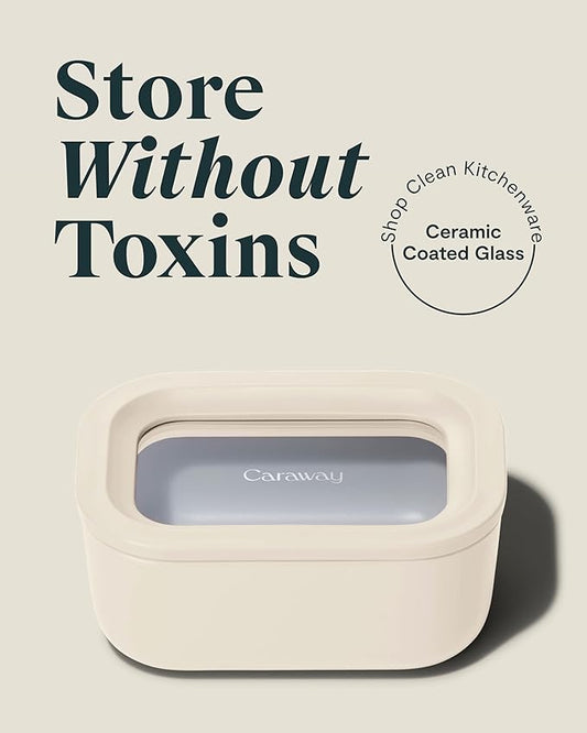 Caraway Mini Rectangle Food Storage Container - 2.6 Cup Glass Storage Container for Food - Non-Toxic Ceramic-Coated Glass - Air Release Technology - Compact & Stackable Design - Cream-NeatNest