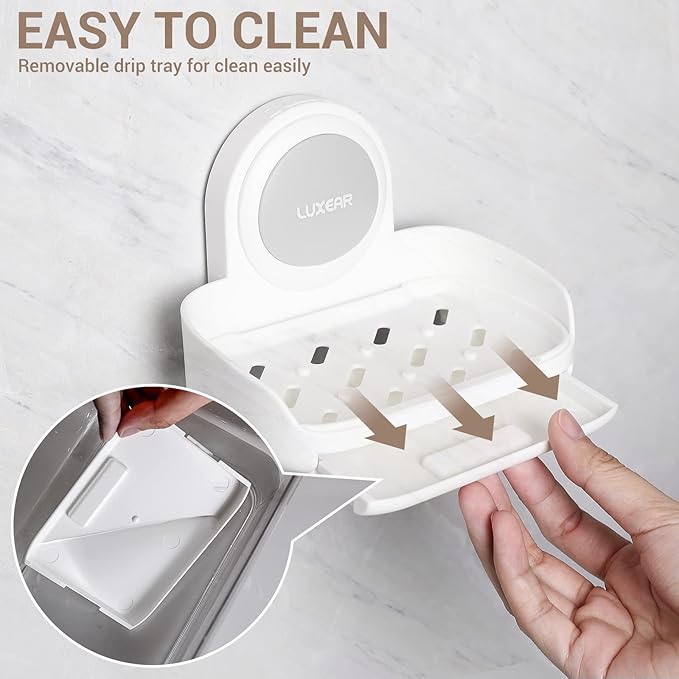 LUXEAR 4 Pack Shower Caddy Set - Suction Cup Shower Shelf+Soap Dish+Hooks - 1 Sec Installation NO-Drill Removable Powerful Waterproof Organizer