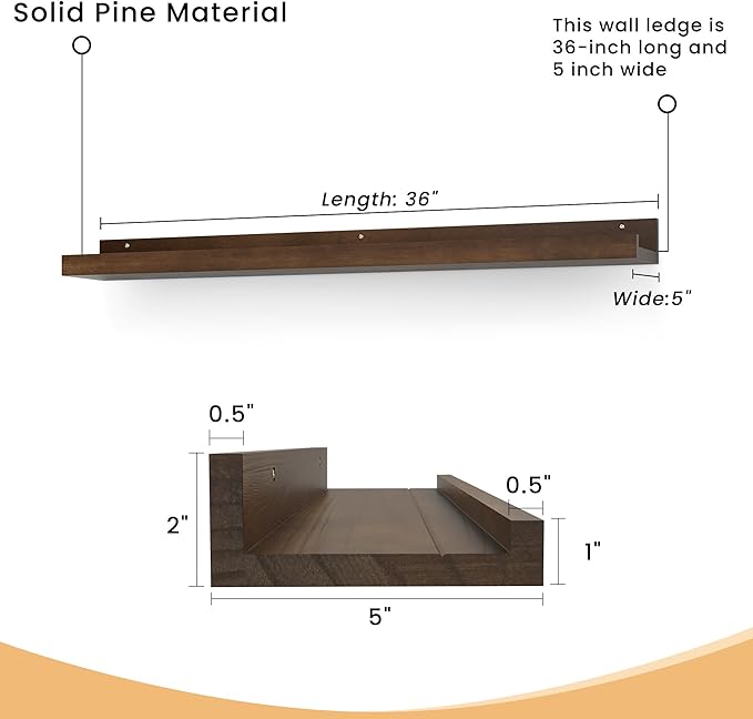 Floating Shelves for Wall, 36 inch Solid Wood Picture Ledge Shelf, Picture Shelf for Wall with Ledge, Floating Book Shelves for Living Room Bedroom Kitchen Nursery Decor, Walnut, Set of 2-NeatNest