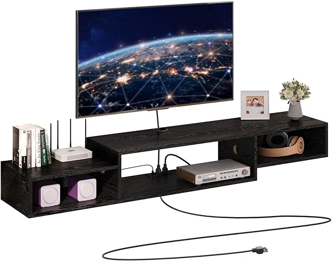4 EVER WINNER Floating TV Stand, with LED Lights, 59” Floating Entertainment Center with Power Outlet and Storage, Floating TV Shelf Media Console Cabinet for Gaming Box Audio Video, Black-NeatNest