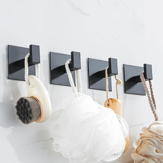4 Pack Adhesive Black Towel Hooks Bathroom Shower Hook Robe Hanger Stickers Coat Hat Rack Square Metal Wall Hooks for Hanging