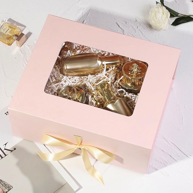 5 Pcs Pink Gift Box for Presents with Ribbon 13.2x11x5.3 Inches Clear Gift Box with Window Magnetic Closure Gift Boxes with Lids-NeatNest