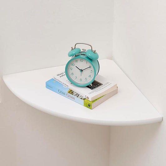 Corner Shelf, Solid Oak Wood Floating Corner Shelf Wall Mount Round End Floating Speaker with Wire Hole for Small Plant Photo for Bedroom Kitchen, Living Room White-NeatNest