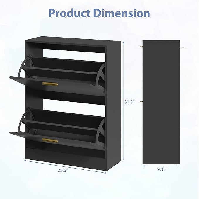 Shoe Cabinet with 2 Flip Drawers, Black Shoe Cabinet Storage for Entryway, Modern Shoe Organizer Wood, Freestanding Small Thin Shoe Racks with Doors, Black-NeatNest