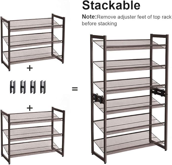 SONGMICS Shoe Rack, 3-Tier Shoe Organizer, Metal Shoe Storage for Garage, Stackable Shoe Shelf, with Adjustable Flat or Angled Shelves, 9-12 Pairs, Bronze ULMR03A-NeatNest