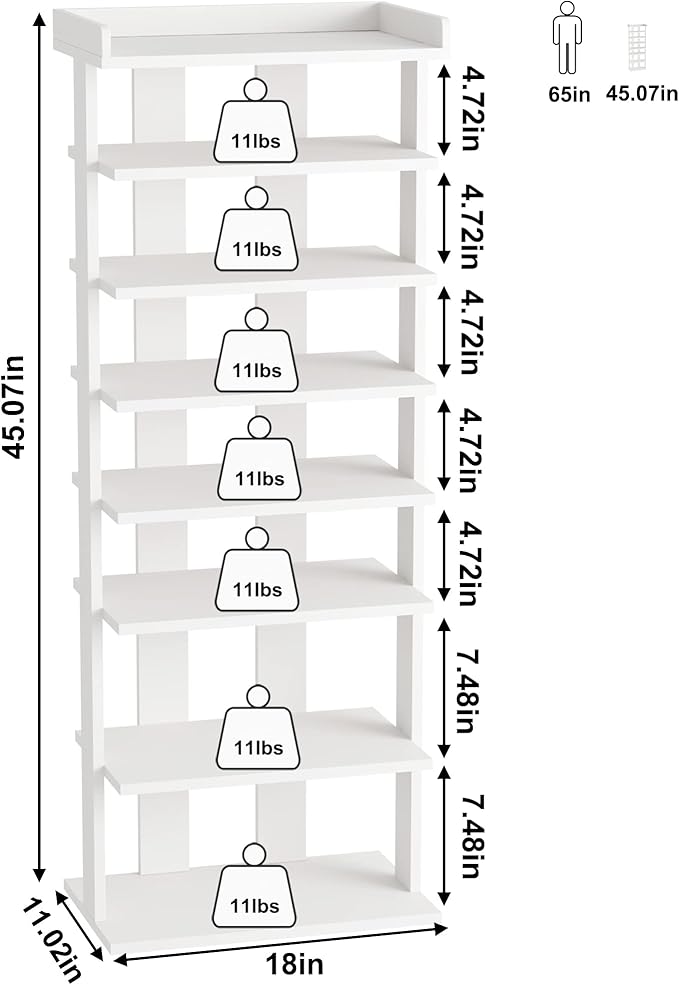 HOMEFORT 7-Tier Wood Shoe Rack, Double Rows 7-Tier Shoe Shelf, Shoe Storage Stand, Entryway Shoe Tower, Vertical Shoe Organizer Perfect for Narrow Closet, Entryway, Hallway, Bedroom in White-NeatNest