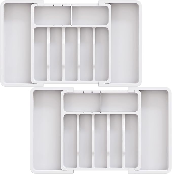 2 Pack Silverware Organizer, Expandable and Adjustable Kitchen Utensil Drawer Organizer, Plastic Cutlery Holder with Multiple Compartments,Cutlery Holder,for Spoons Forks Knives,White,UAFD012W-NeatNest