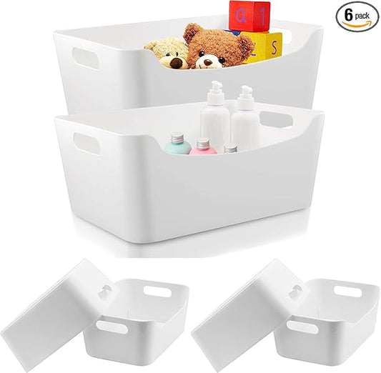 6 Pcs White Plastic Storage Bins for Shelves, Closet Kitchen Storage Containers for Pantry Bathroom Office Organization Baskets, Cabinet Organizing Containers, (Classic White storage bins, 2 L + 4 M)